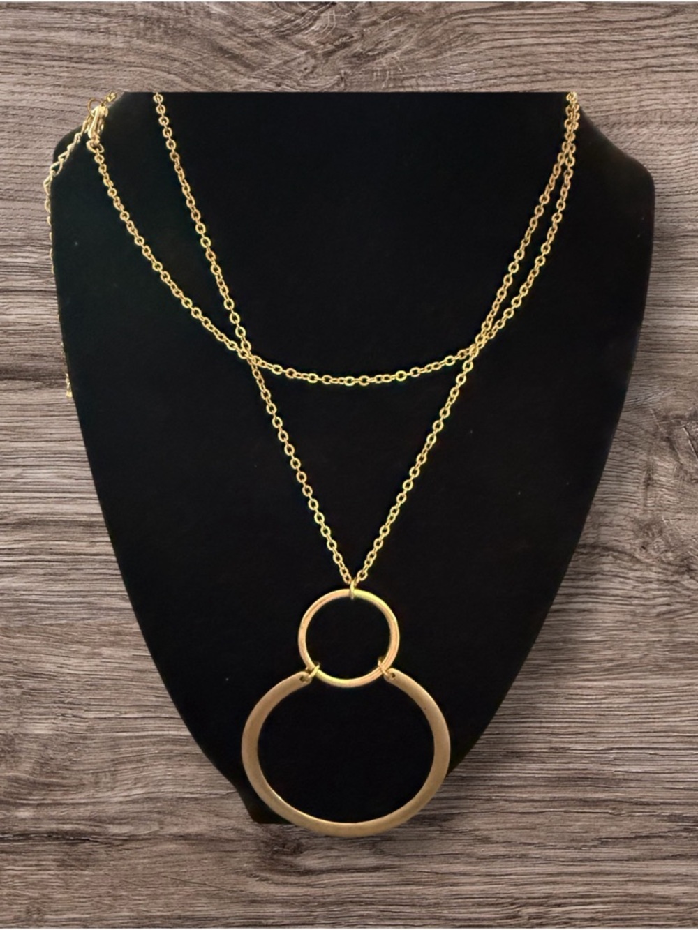 Gold Tone Double Circle Pendant Necklace | Long Layered Chain 34”
